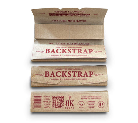 Feuilles à rouler Backstrap en pâte de bois non blanchie, présentées avec leurs filtres cartonnés.