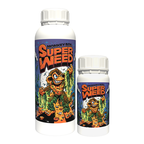 Bouteille de Monkey Soil Super Weed, biostimulant à base d'extrait d'algues.