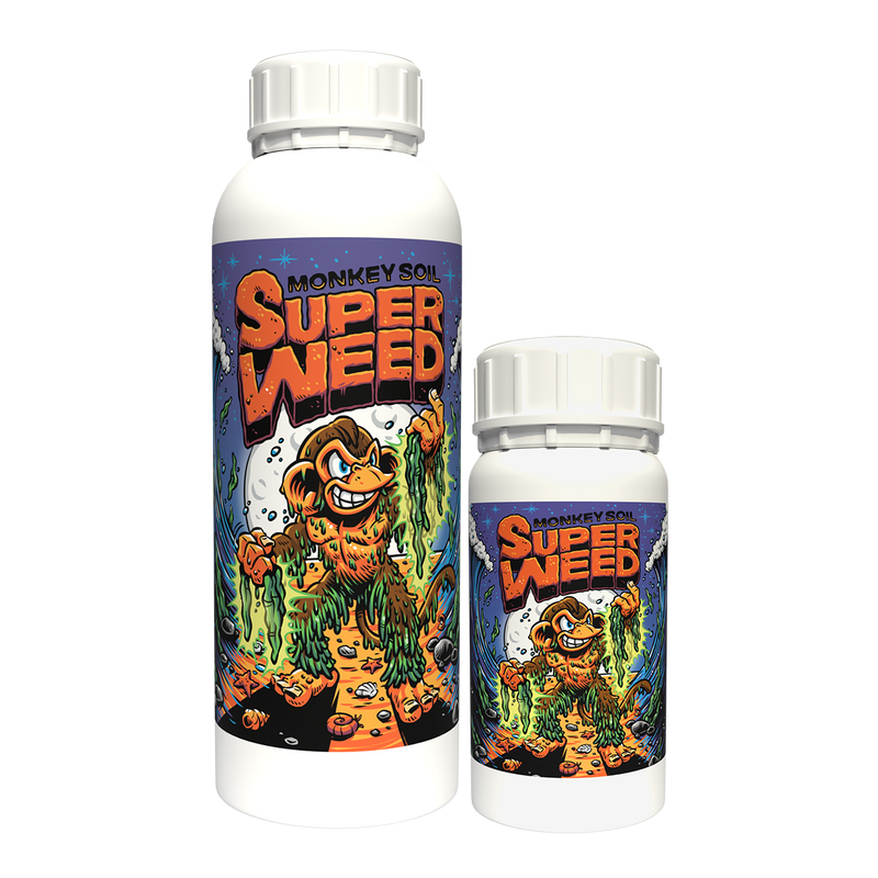 Bouteille de Monkey Soil Super Weed, biostimulant à base d'extrait d'algues.