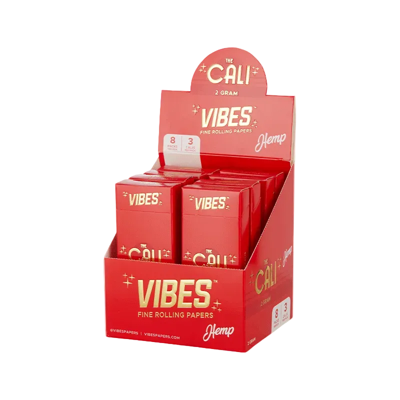 Emballage de cônes préroulés The Cali by VIBES de 2 grammes en mélange Hemp, pochette de trois cônes.