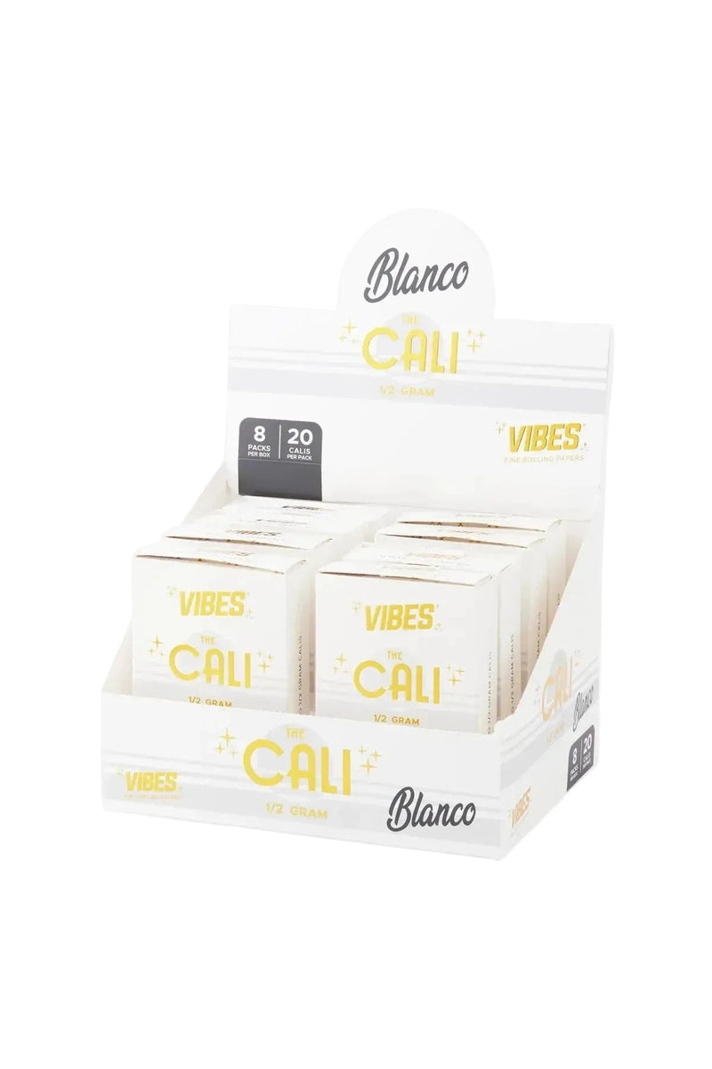 Emballage de cônes préroulés The Cali by VIBES d'un demi-gramme en mélange Blanco, conditionnement de 20 pièces.