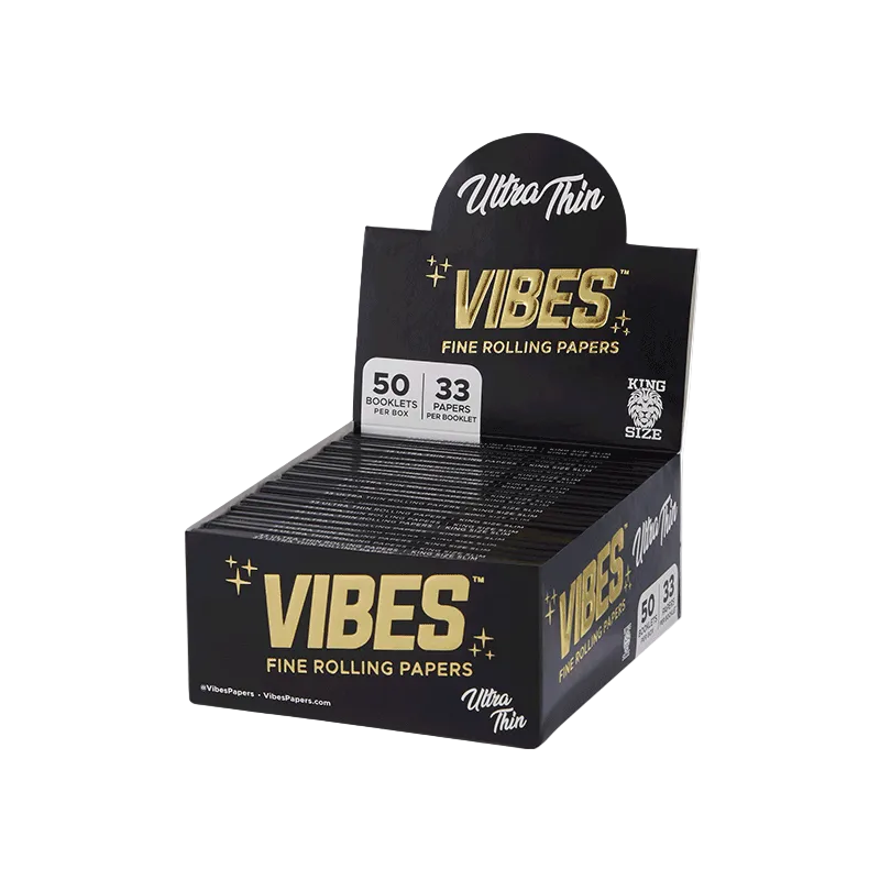 Boîte présentoir de carnets de feuilles à rouler VIBES King Size Slim Ultra Thin, vue de trois quarts.