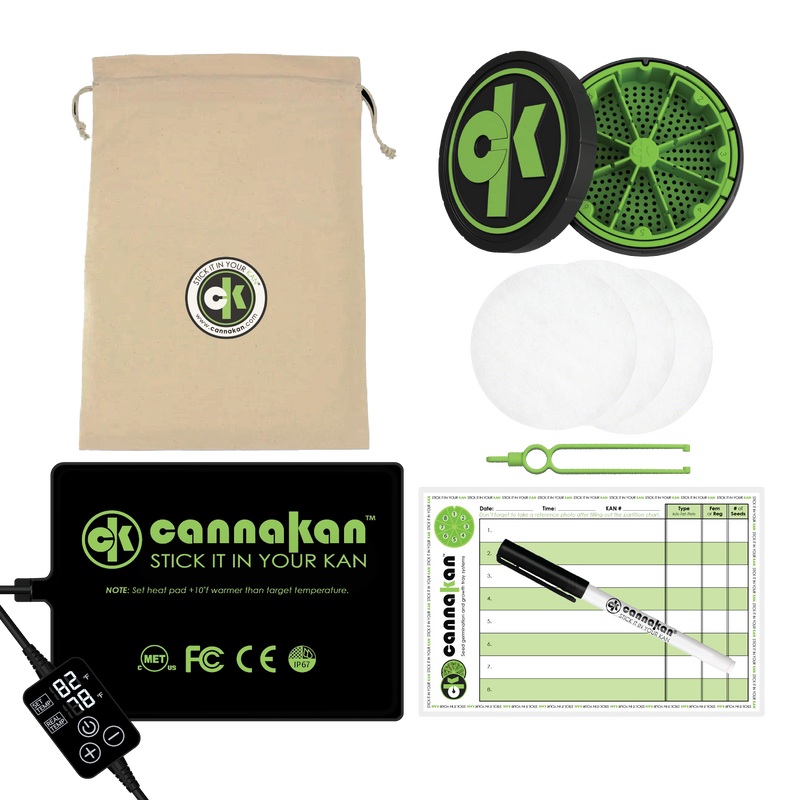 Kit complet Cannakan : bocal de germination KAN, tapis chauffant KANWARM et son contrôleur, HUGGERS, papiers filtres et sac de rangement.