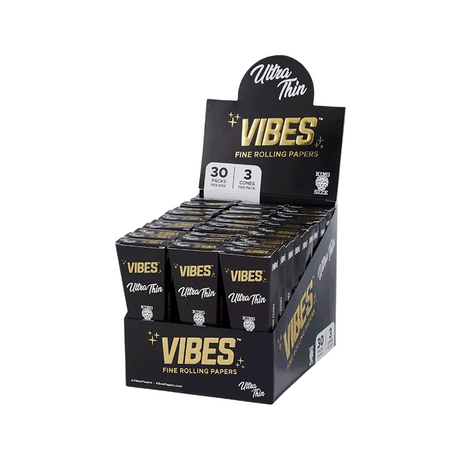 Boîte présentoir de cônes préroulés VIBES King Size Ultra Thin, trois cônes par pochette, trente pochettes par boîte.