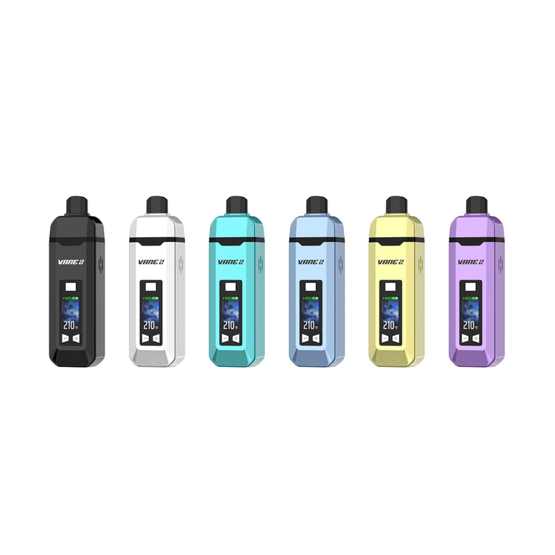 Les six coloris du vaporisateur portable Yocan Vane 2 alignés côte à côte.