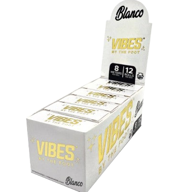 Boîte présentoir de rouleaux de feuilles à rouler VIBES By The Foot Fatty de 8 mètres en mélange Blanco, emballage blanc.