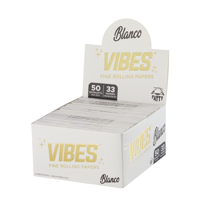 Boîte présentoir de carnets de feuilles à rouler VIBES Fatty, 33 feuilles par carnet, 50 carnets par présentoir.